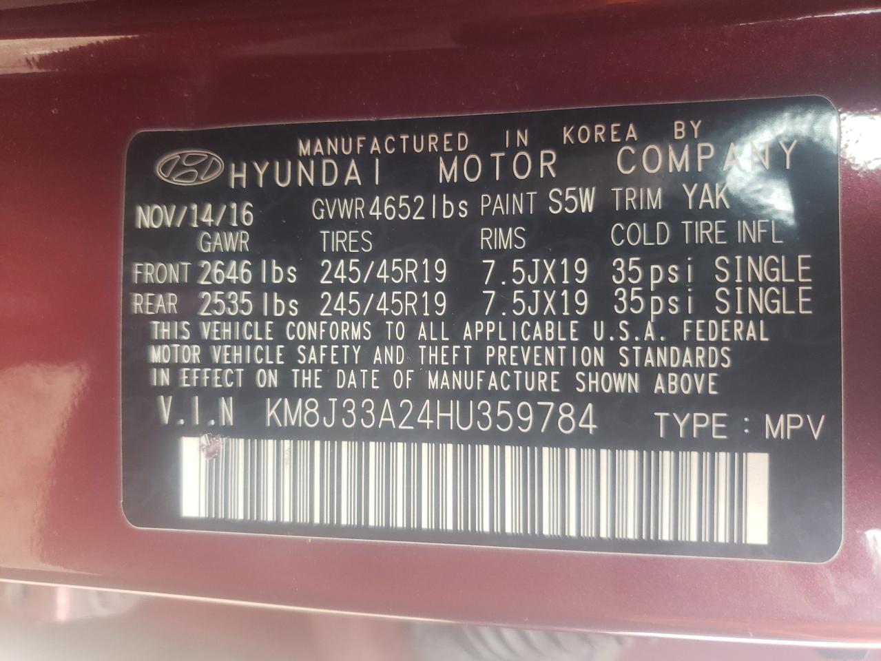 Photo 10 from auction – 2017 HYUNDAI TUCSON LIM with VIN KM8J33A24HU359784