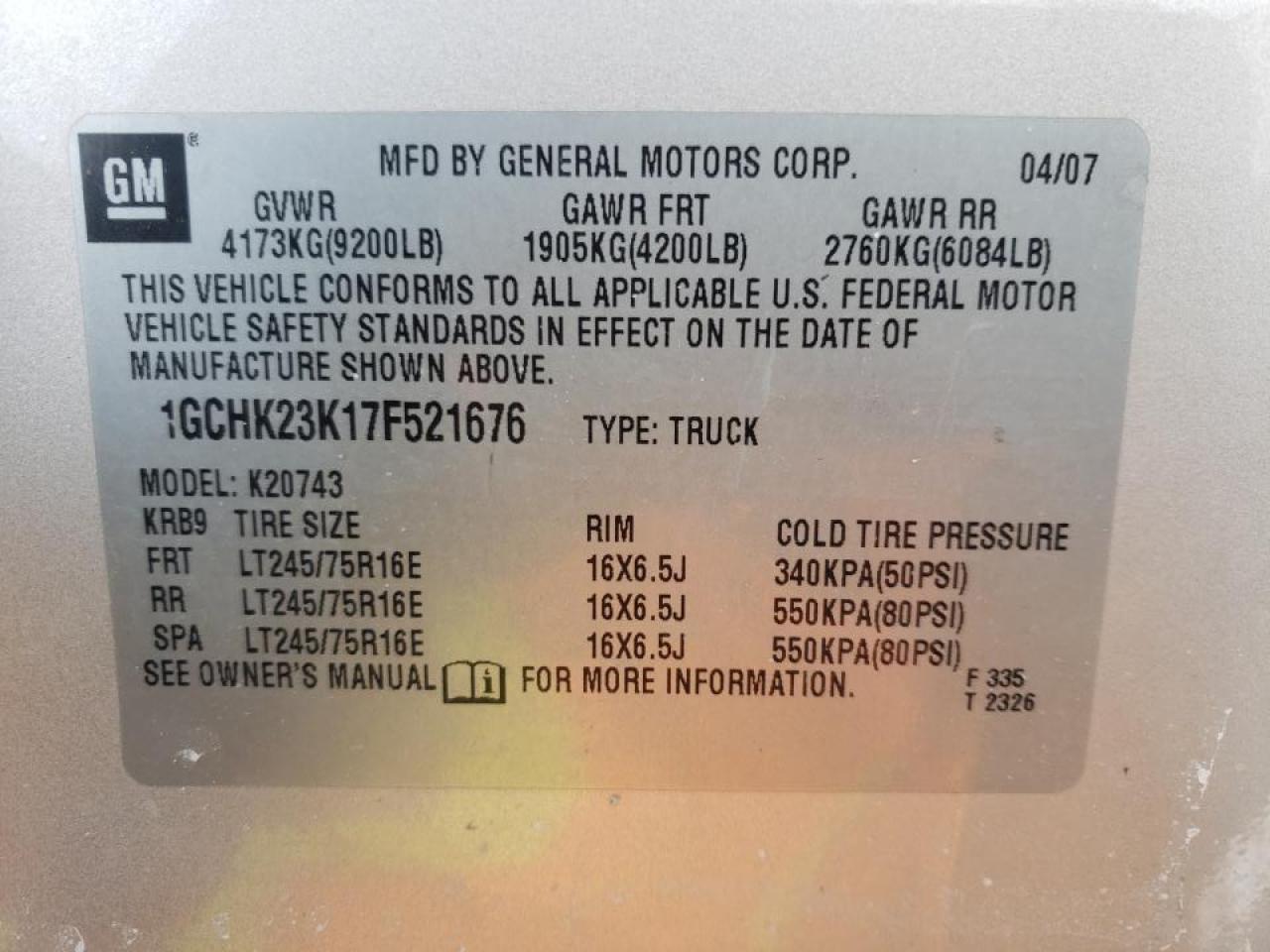 Photo 10 from auction – 2007 CHEVROLET SILVERADO with VIN 1GCHK23K17F521676