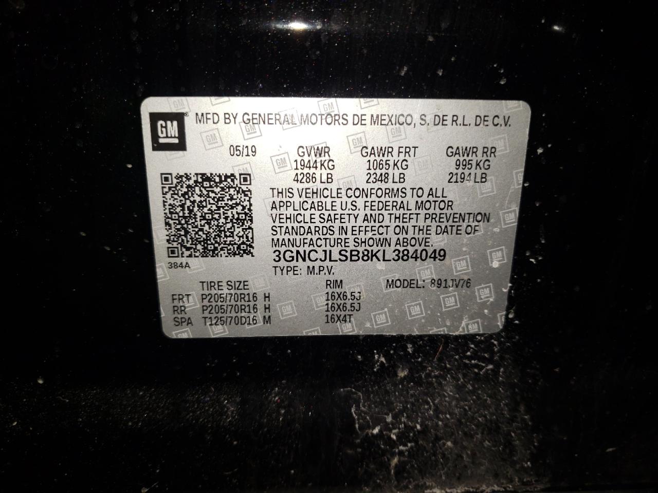 Photo 10 from auction – 2019 CHEVROLET TRAX 1LT with VIN 3GNCJLSB8KL384049