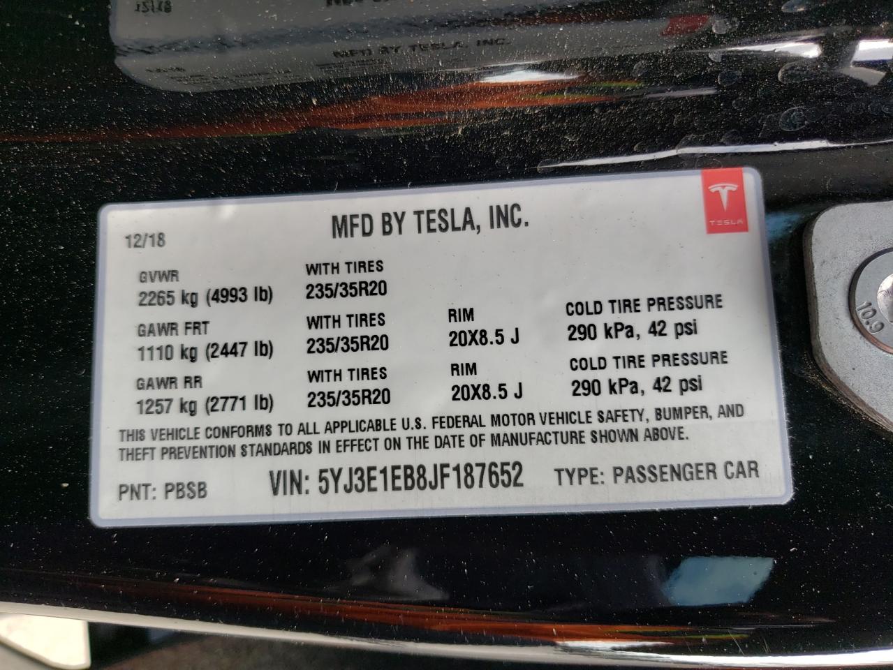 Photo 10 from auction – 2018 TESLA MODEL 3 with VIN 5YJ3E1EB8JF187652