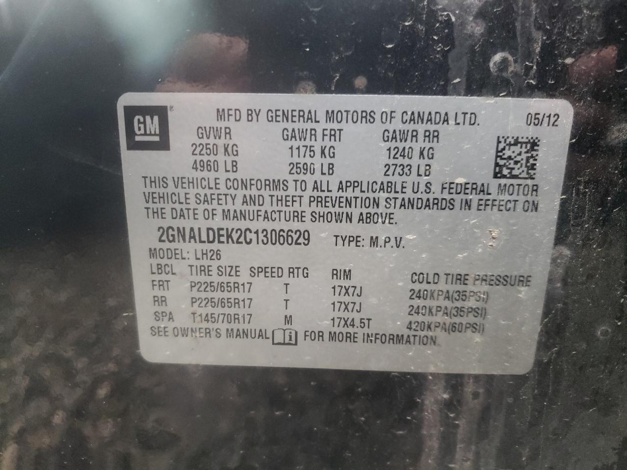 Photo 10 from auction – 2012 CHEVROLET EQUINOX LT with VIN 2GNALDEK2C1306629