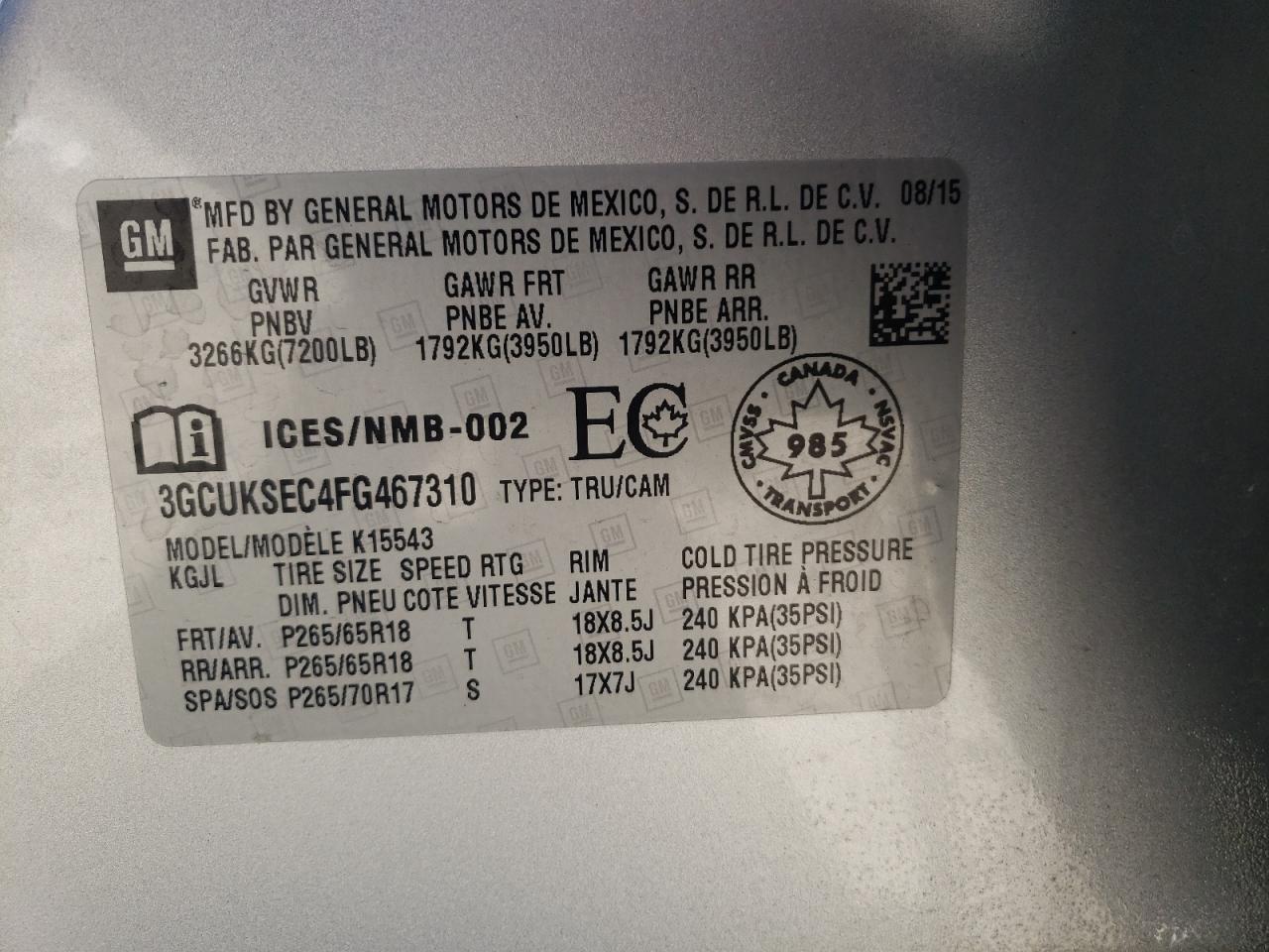 Photo 10 from auction – 2015 CHEVROLET SILVERADO with VIN 3GCUKSEC4FG467310