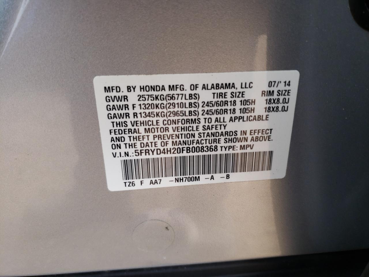 Photo 10 from auction – 2015 ACURA MDX with VIN 5FRYD4H20FB008368