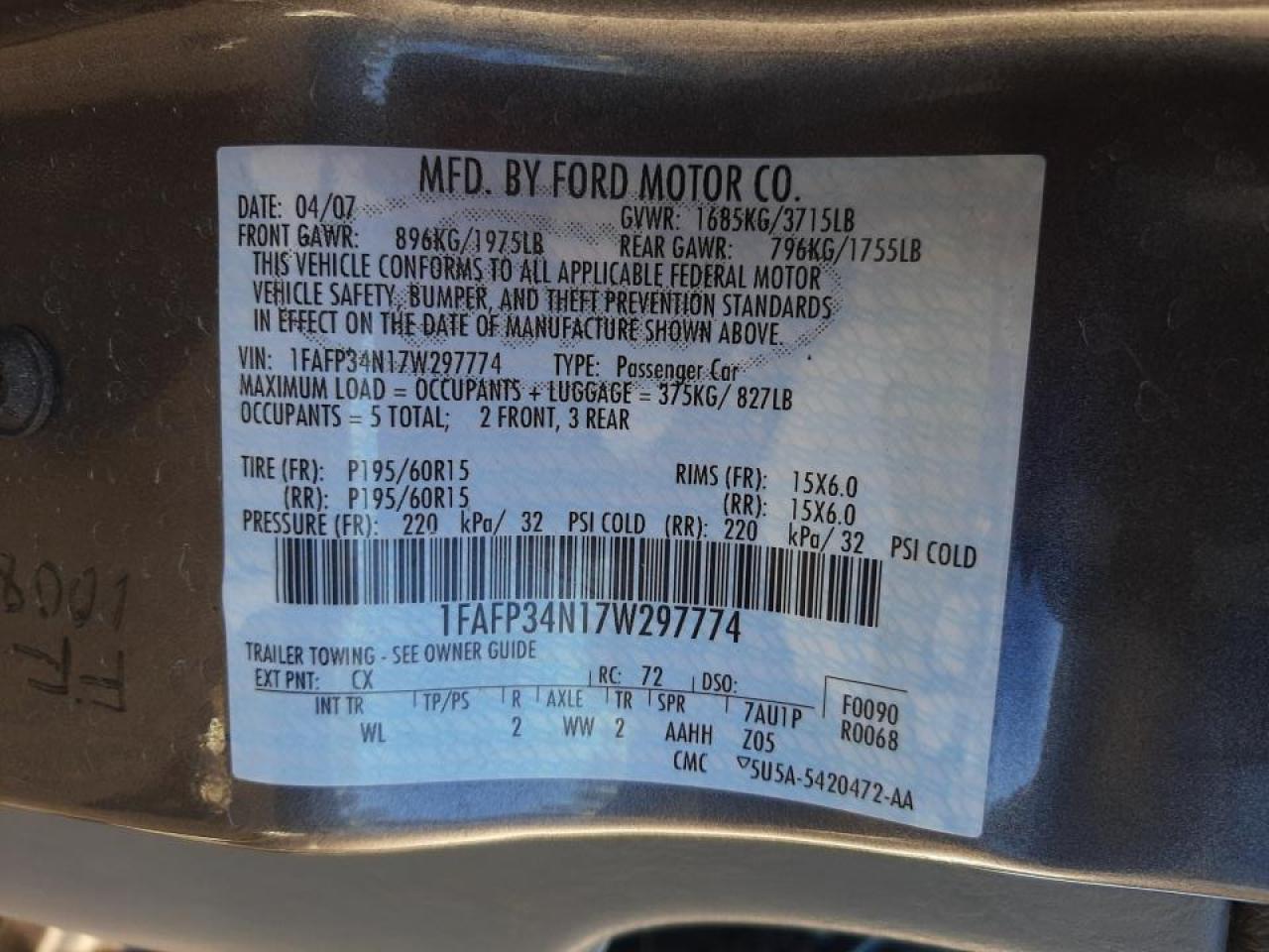 Photo 10 from auction – 2007 FORD FOCUS ZX4 with VIN 1FAFP34N17W297774