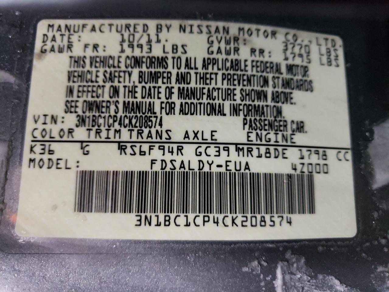 Photo 10 from auction – 2012 NISSAN VERSA S with VIN 3N1BC1CP4CK208574