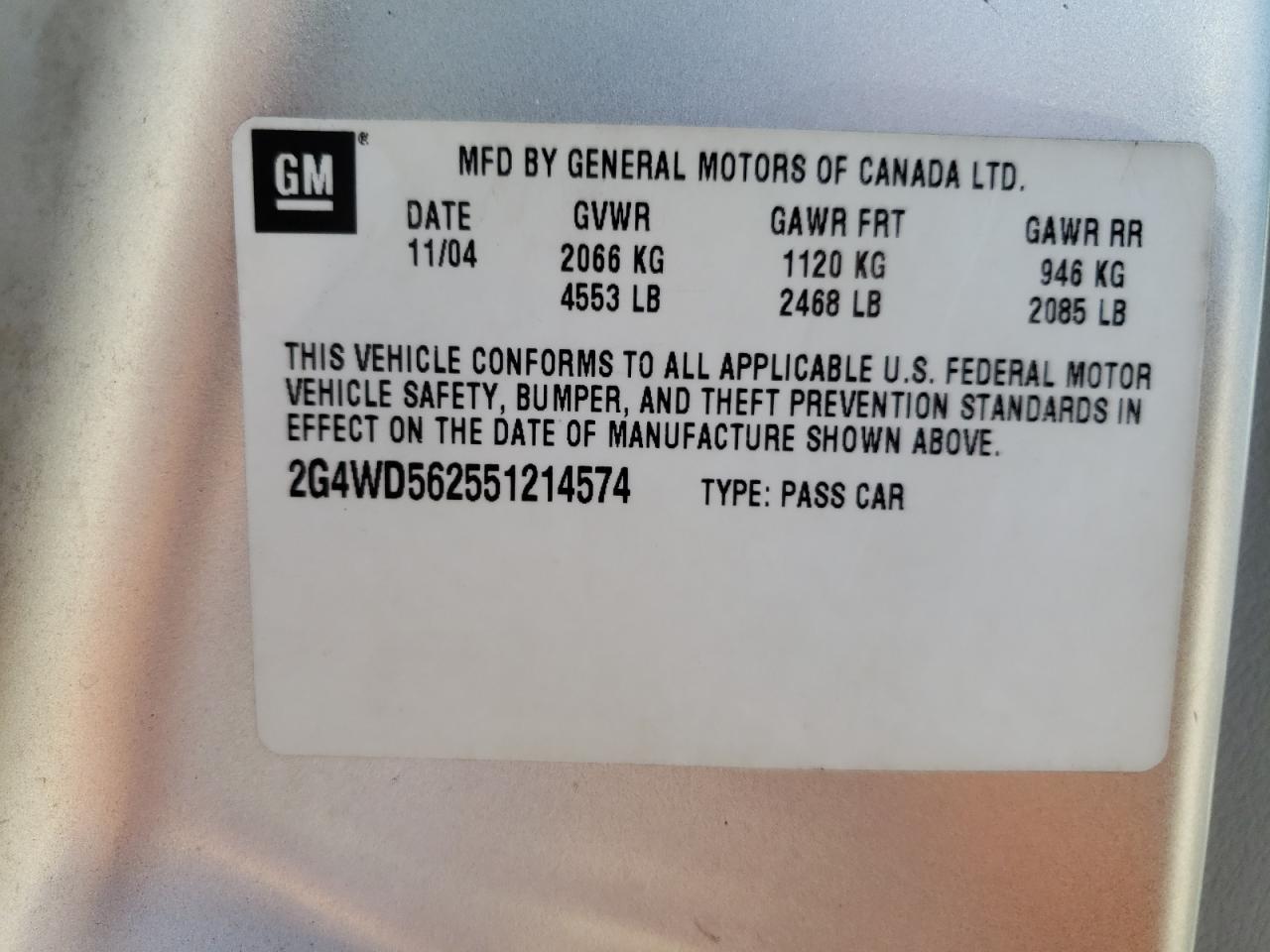 Photo 10 from auction – 2005 BUICK LACROSSE C with VIN 2G4WD562551214574