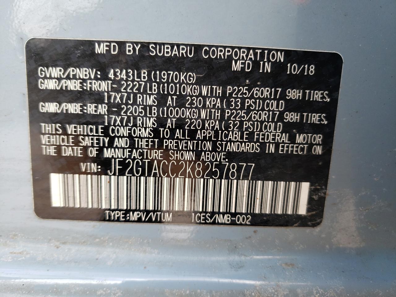 Photo 10 from auction – 2019 SUBARU CROSSTREK with VIN JF2GTACC2K8257877