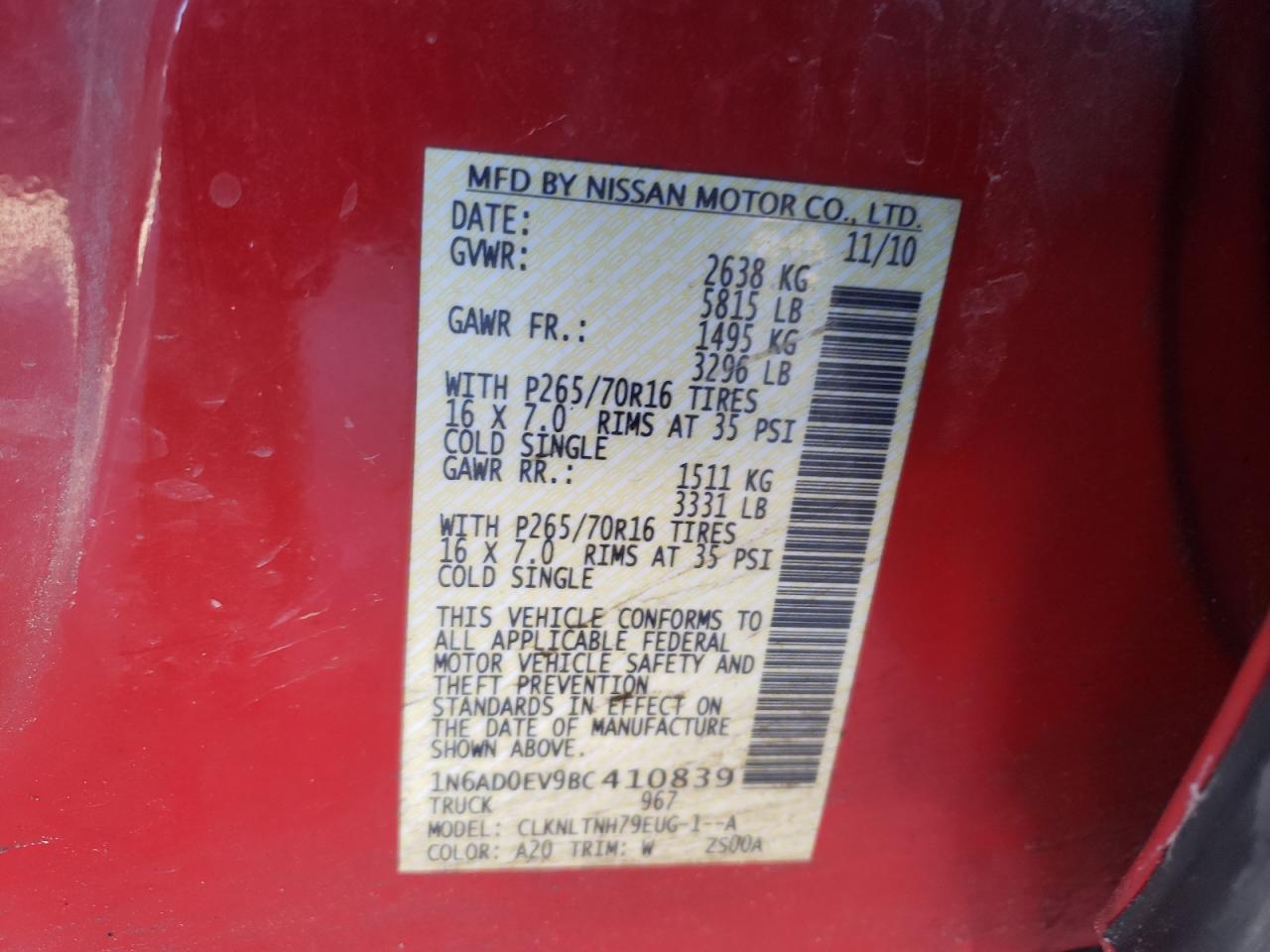 Photo 10 from auction – 2011 NISSAN FRONTIER S with VIN 1N6AD0EV9BC410839
