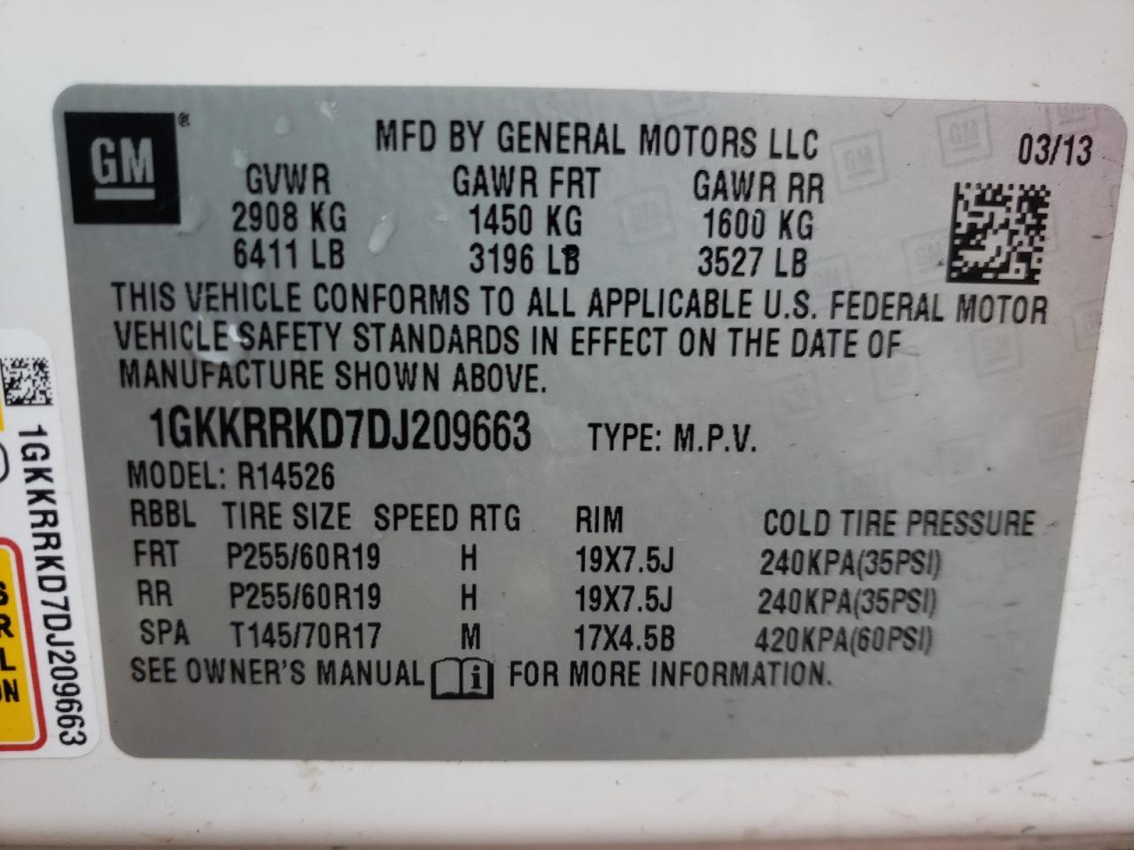 Photo 10 from auction – 2013 GMC ACADIA SLT with VIN 1GKKRRKD7DJ209663