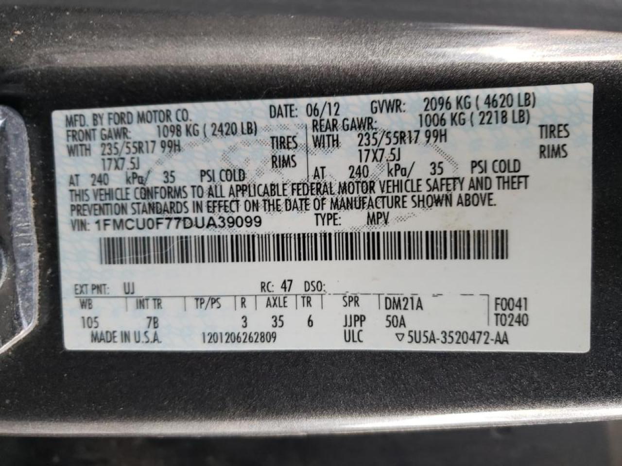 Zdjęcie 10 z aukcji – 2013 FORD ESCAPE S z VIN 1FMCU0F77DUA39099