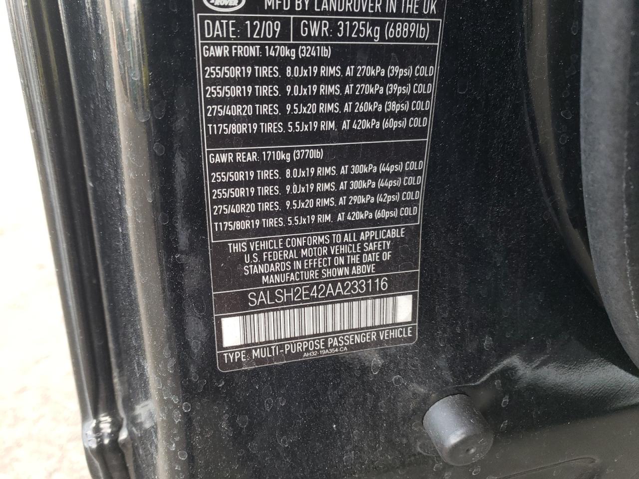 Photo 10 from auction – 2010 LAND ROVER RANGE ROVE with VIN SALSH2E42AA233116