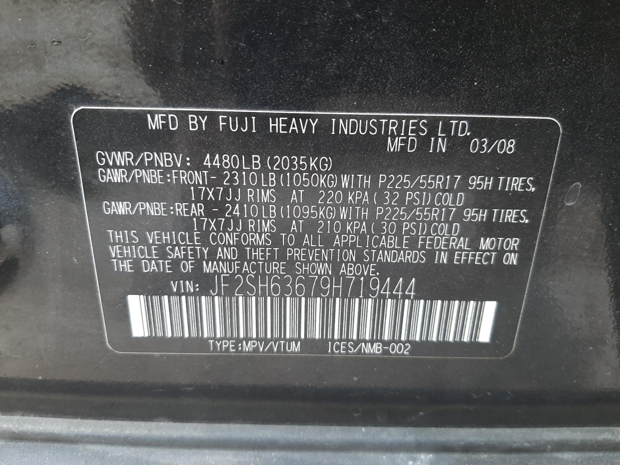 Photo 10 from auction – 2009 SUBARU FORESTER 2 with VIN JF2SH63679H719444