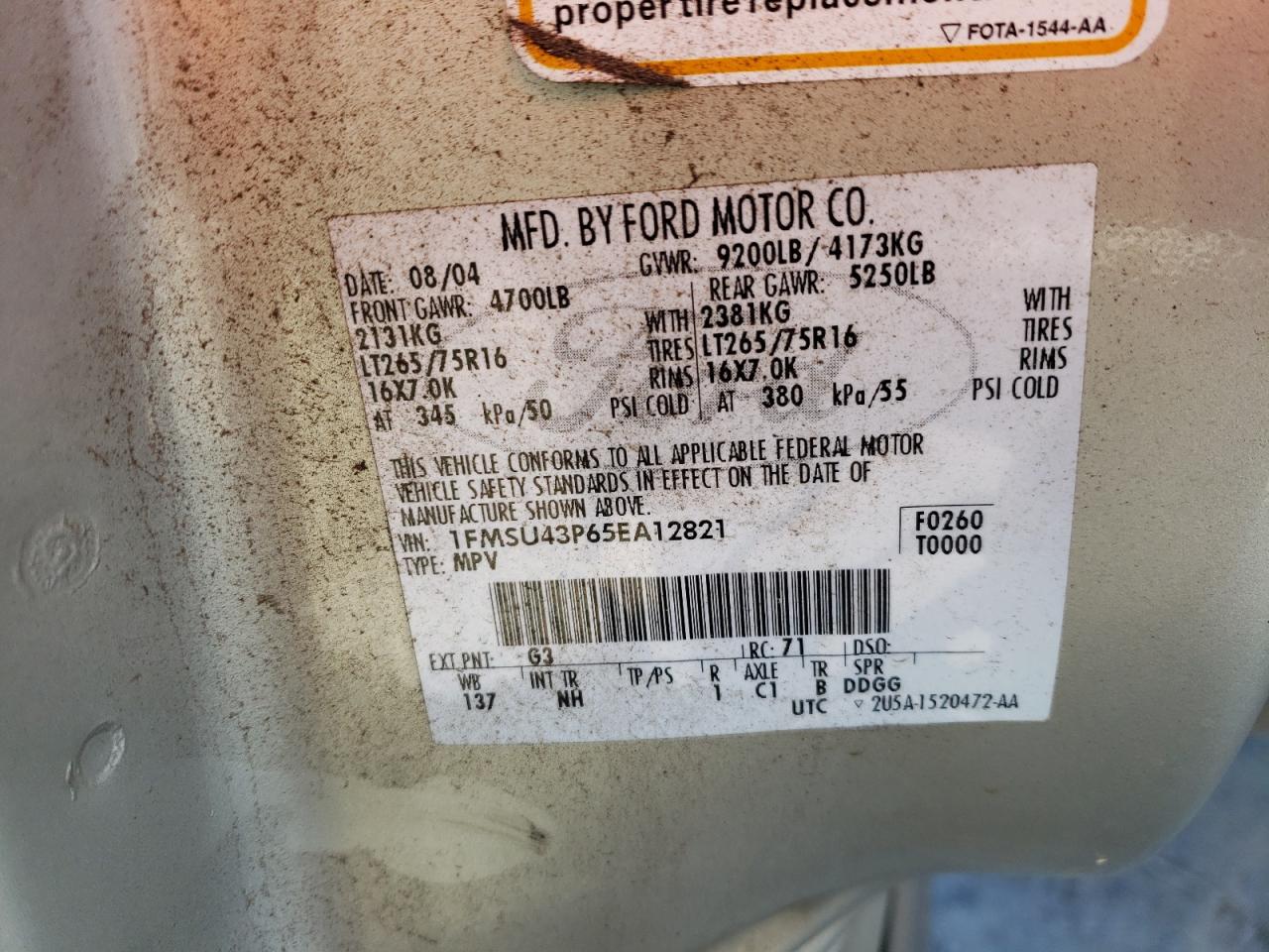 Photo 10 from auction – 2005 FORD EXCURSION with VIN 1FMSU43P65EA12821