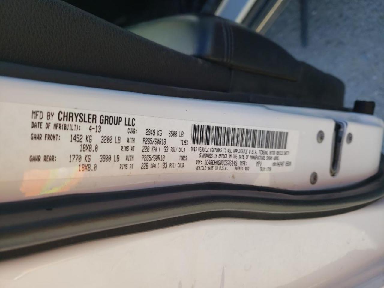 Photo 10 from auction – 2013 DODGE DURANGO SX with VIN 1C4RDHAG0DC676149