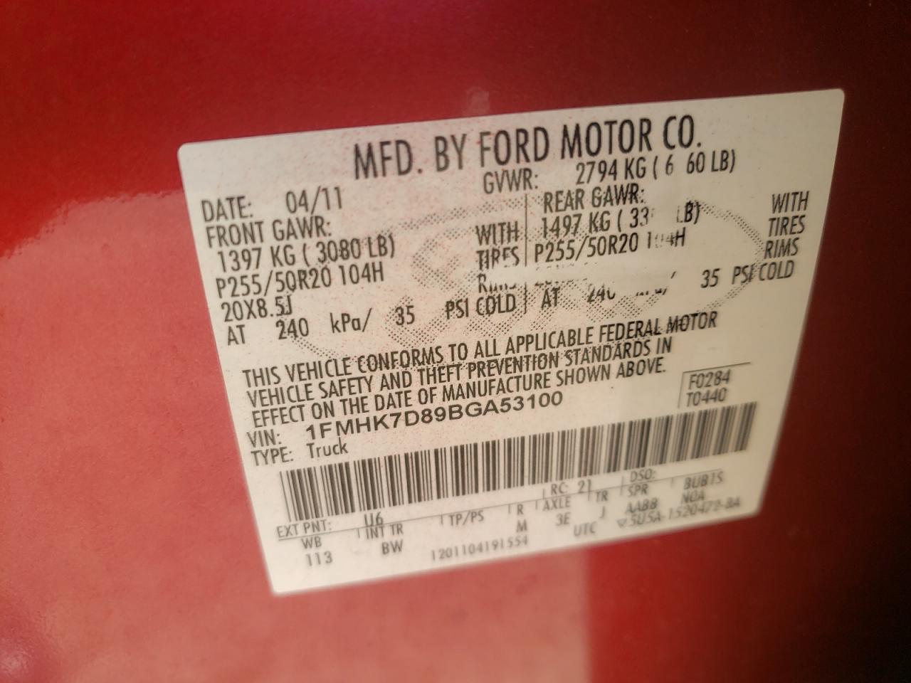 Photo 10 from auction – 2011 FORD EXPLORER X with VIN 1FMHK7D89BGA53100