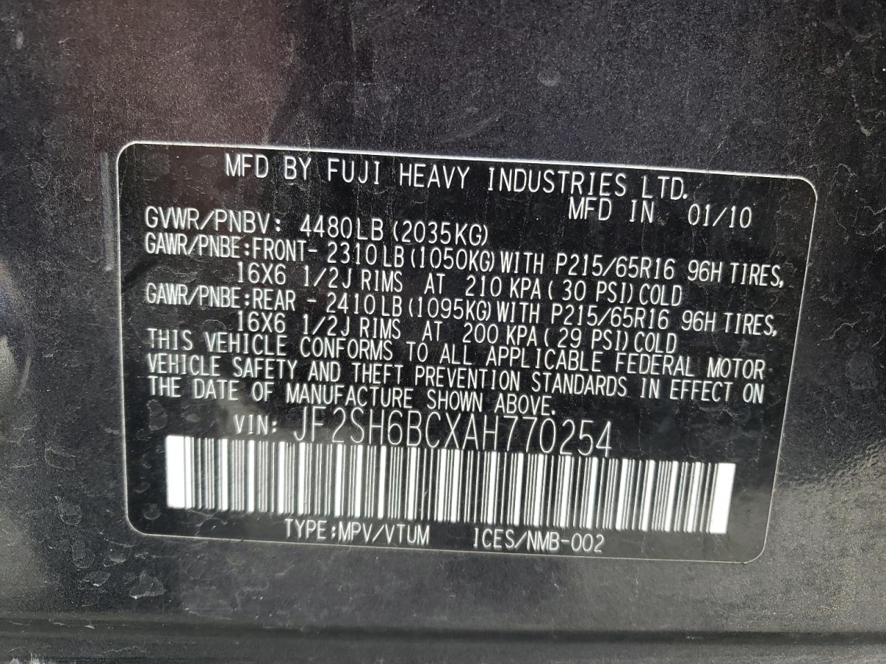 Photo 10 from auction – 2010 SUBARU FORESTER X with VIN JF2SH6BCXAH770254