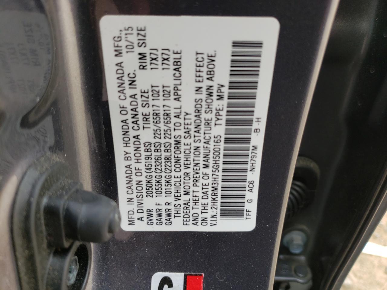 Photo 10 from auction – 2016 HONDA CR-V EXL with VIN 2HKRM3H75GH500165