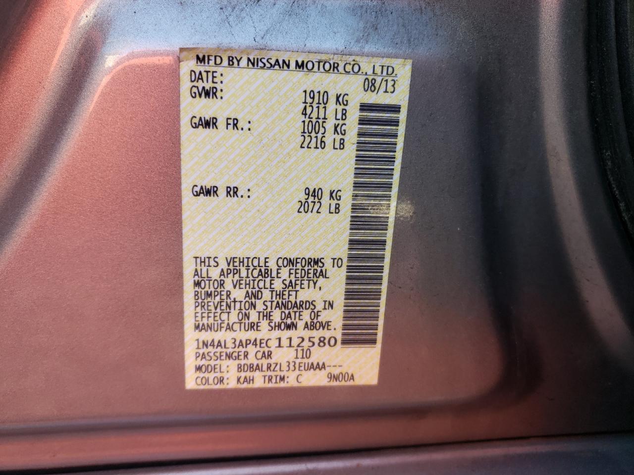 Photo 10 from auction – 2014 NISSAN ALTIMA 2.5 with VIN 1N4AL3AP4EC112580
