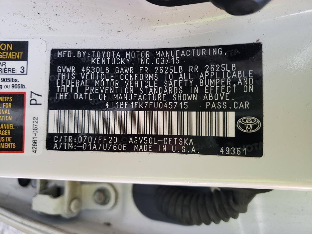 Photo 10 from auction – 2015 TOYOTA CAMRY LE with VIN 4T1BF1FK7FU045715
