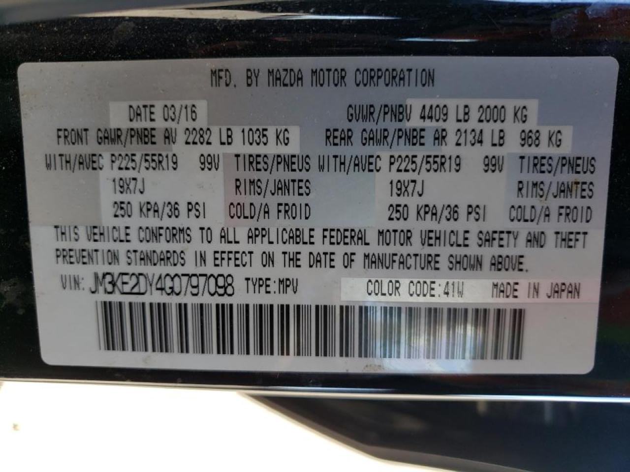 Photo 10 from auction – 2016 MAZDA CX-5 GT with VIN JM3KE2DY4G0797098