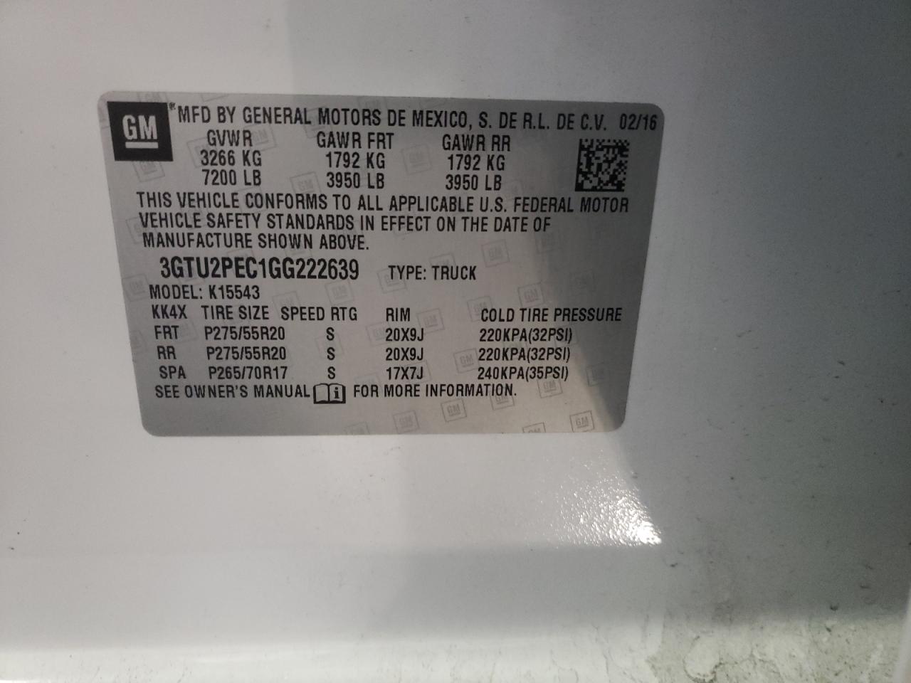 Photo 10 from auction – 2016 GMC SIERRA K15 with VIN 3GTU2PEC1GG222639
