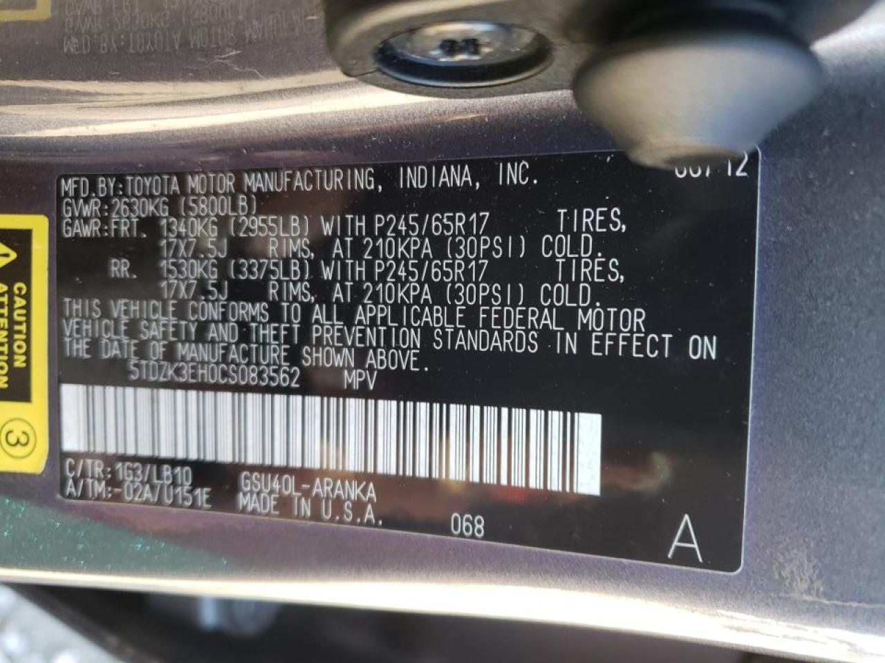 Photo 10 from auction – 2012 TOYOTA HIGHLANDER with VIN 5TDZK3EH0CS083562