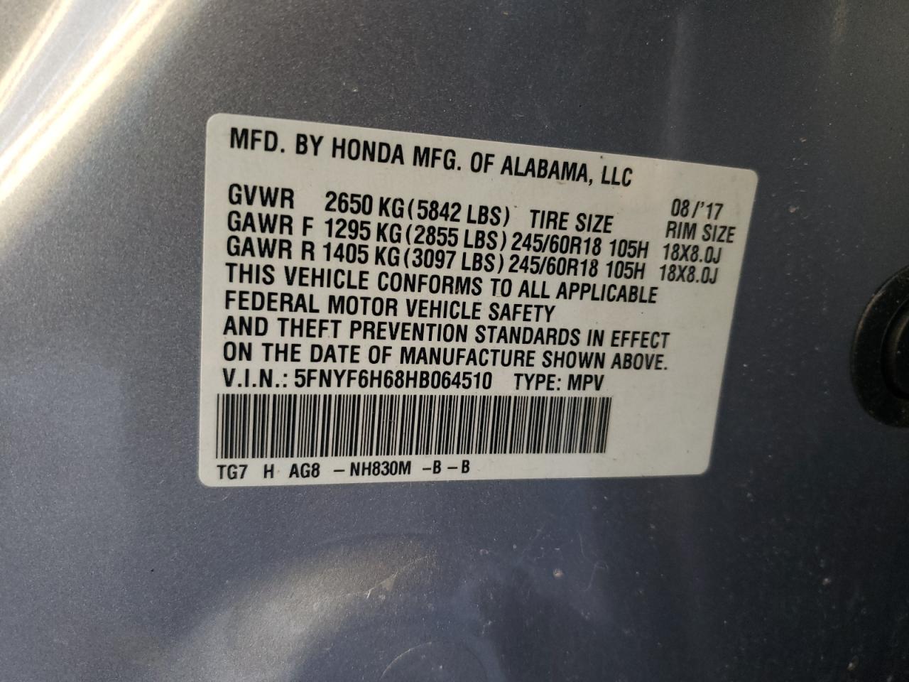 Photo 10 from auction – 2017 HONDA PILOT EXL with VIN 5FNYF6H68HB064510