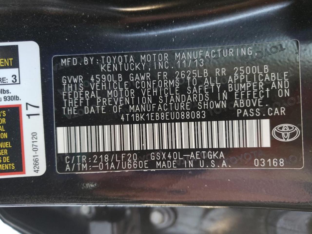 Photo 10 from auction – 2014 TOYOTA AVALON BAS with VIN 4T1BK1EB8EU088083