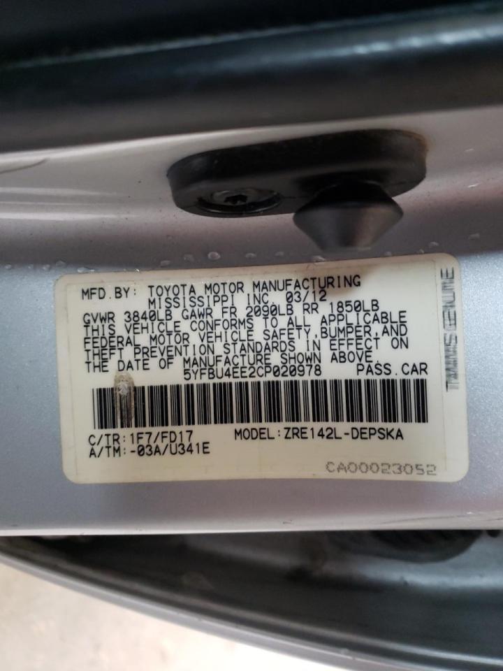 Photo 10 from auction – 2012 TOYOTA COROLLA BA with VIN 5YFBU4EE2CP020978