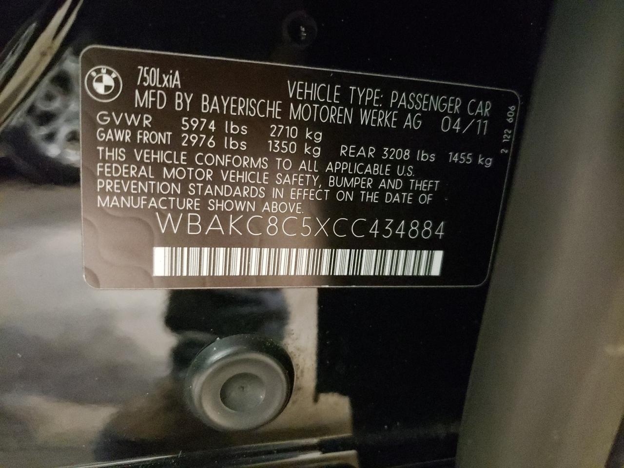 Photo 10 from auction – 2012 BMW 750LI XDRI with VIN WBAKC8C5XCC434884
