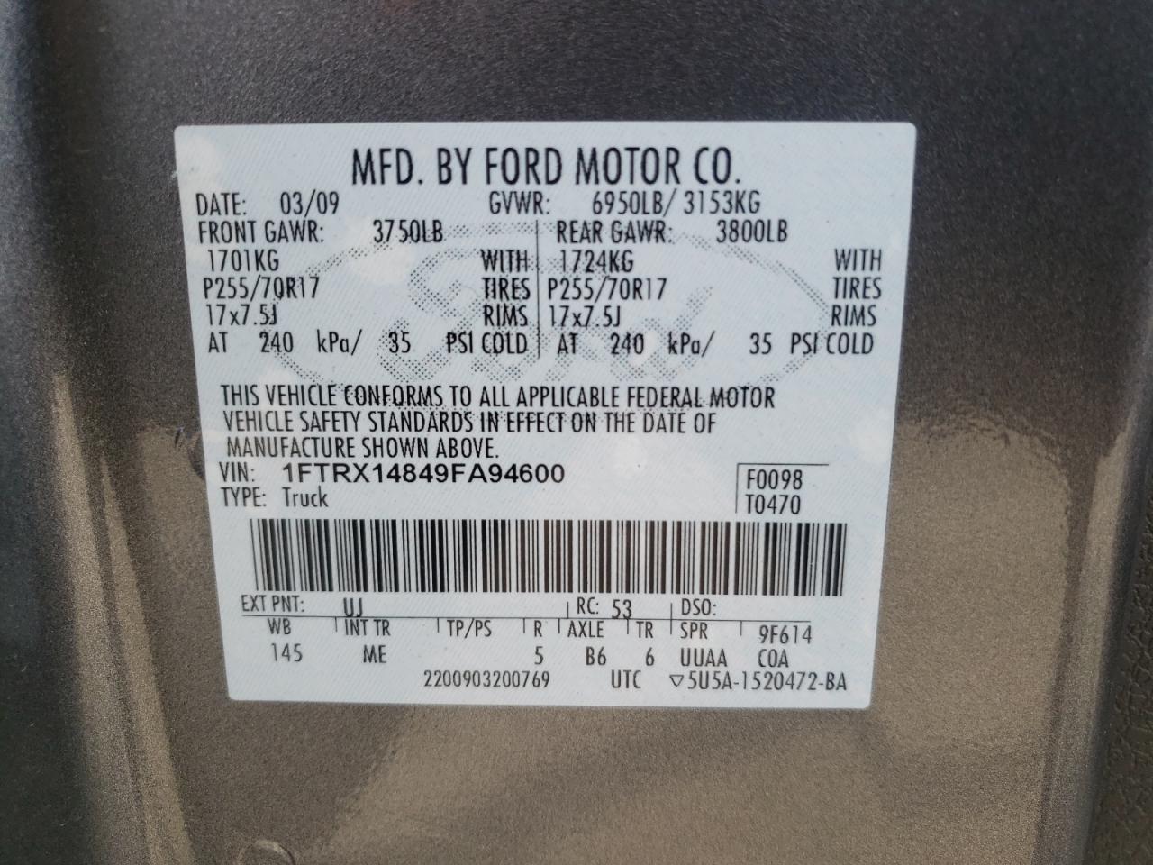 Photo 10 from auction – 2009 FORD F150 SUPER with VIN 1FTRX14849FA94600