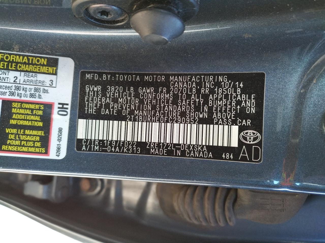 Photo 10 from auction – 2015 TOYOTA COROLLA L with VIN 2T1BURHE0FC290952