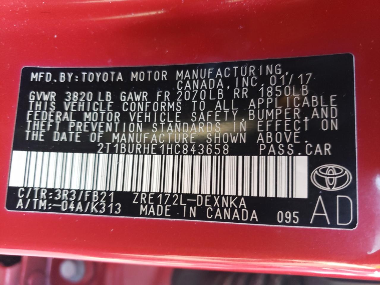 Photo 10 from auction – 2017 TOYOTA COROLLA with VIN 2T1BURHE1HC843658