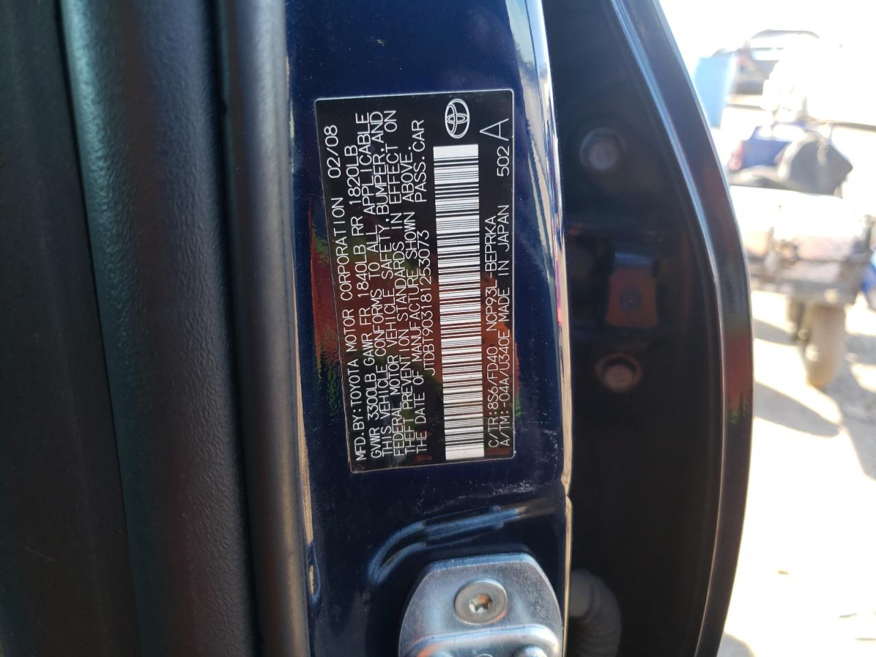Photo 10 from auction – 2008 TOYOTA YARIS with VIN JTDBT903181253073