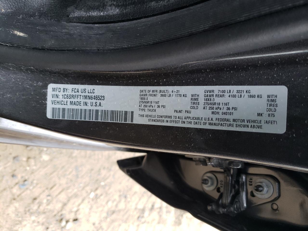 Photo 10 from auction – 2021 RAM 1500 BIG H with VIN 1C6SRFFT1MN646523
