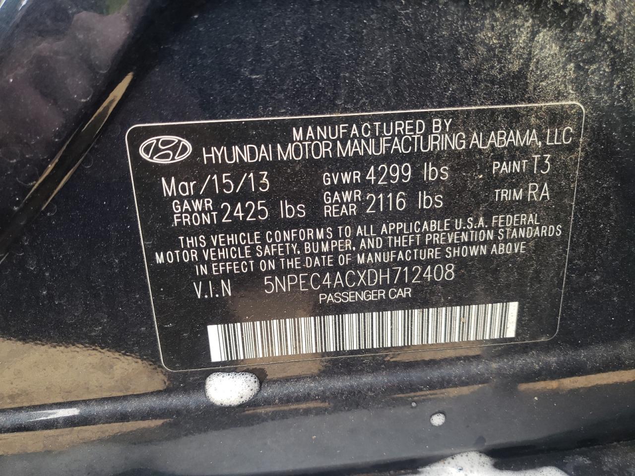 Photo 10 from auction – 2013 HYUNDAI SONATA SE with VIN 5NPEC4ACXDH712408