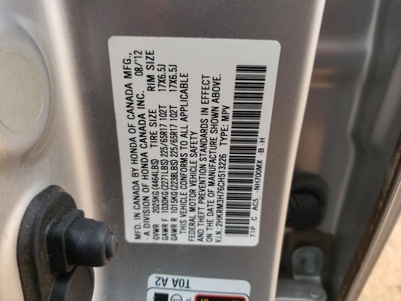 Photo 10 from auction – 2012 HONDA CR-V EXL with VIN 2HKRM3H76CH513226