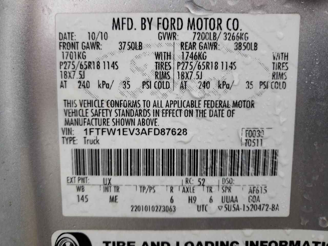 Photo 10 from auction – 2010 FORD F150 SUPER with VIN 1FTFW1EV3AFD87628