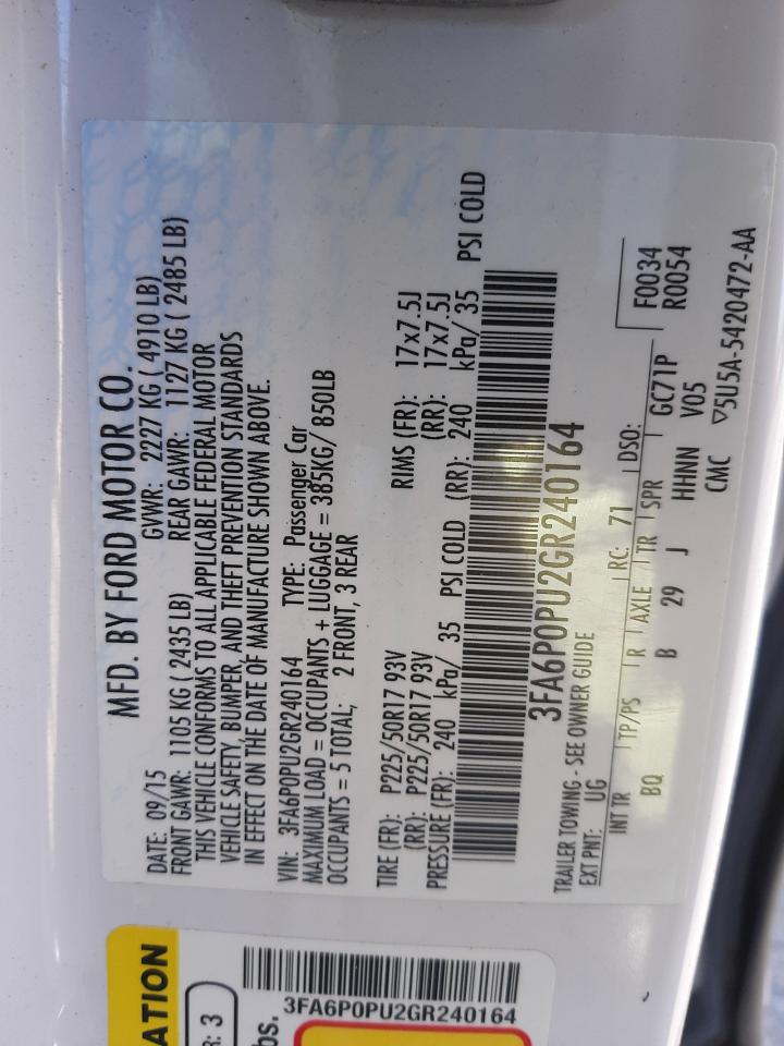 Photo 10 from auction – 2016 FORD FUSION SE with VIN 3FA6P0PU2GR240164