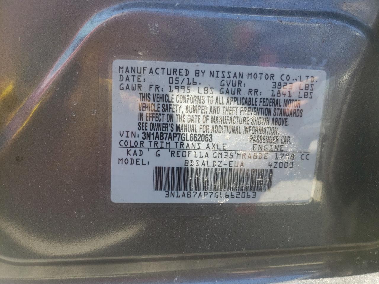 Photo 10 from auction – 2016 NISSAN SENTRA S with VIN 3N1AB7AP7GL662063