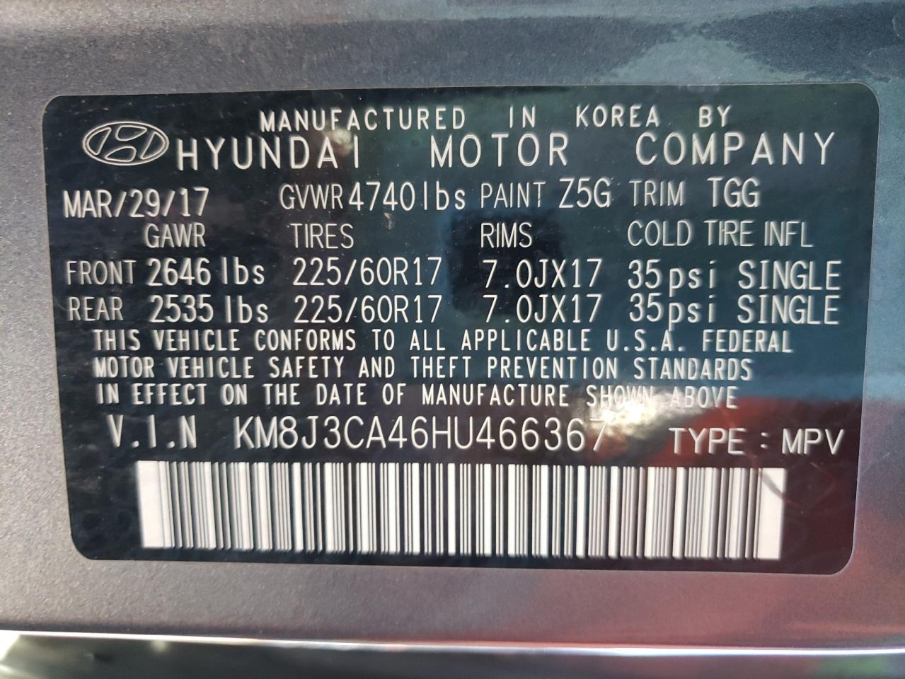 Photo 10 from auction – 2017 HYUNDAI TUCSON LIM with VIN KM8J3CA46HU466367
