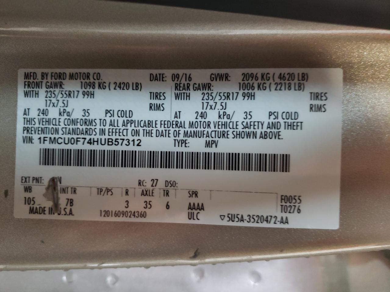 Photo 10 from auction – 2017 FORD ESCAPE S with VIN 1FMCU0F74HUB57312