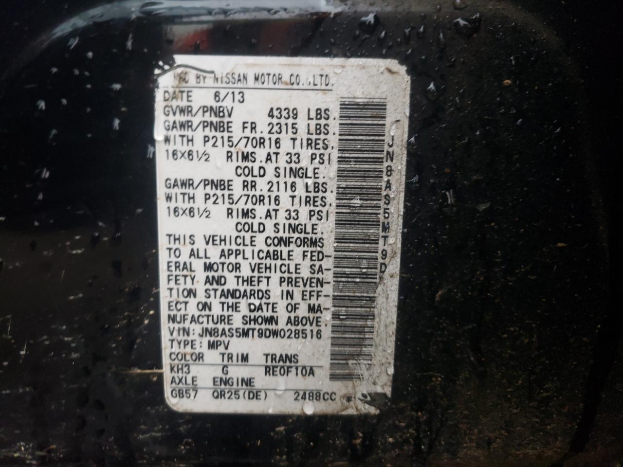 Photo 10 from auction – 2013 NISSAN ROGUE S with VIN JN8AS5MT9DW028516
