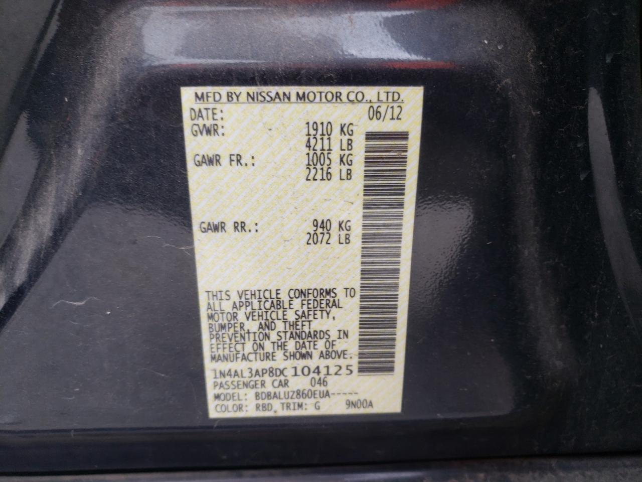 Photo 10 from auction – 2013 NISSAN ALTIMA 2.5 with VIN 1N4AL3AP8DC104125