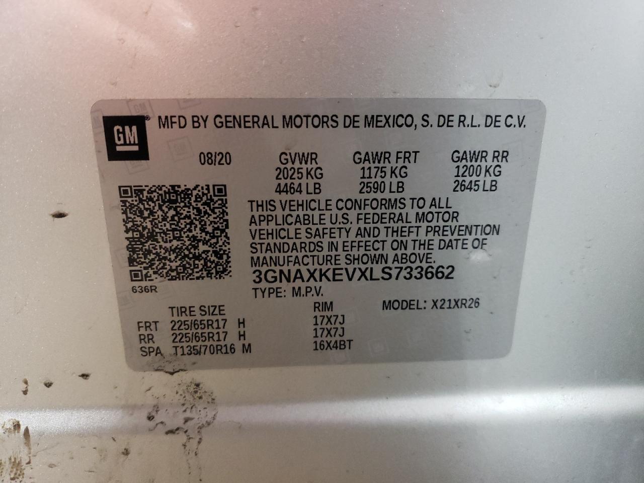 Photo 10 from auction – 2020 CHEVROLET EQUINOX LT with VIN 3GNAXKEVXLS733662
