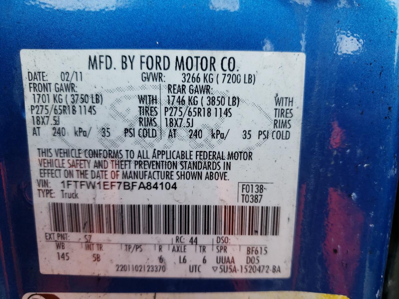 Photo 10 from auction – 2011 FORD F150 SUPER with VIN 1FTFW1EF7BFA84104
