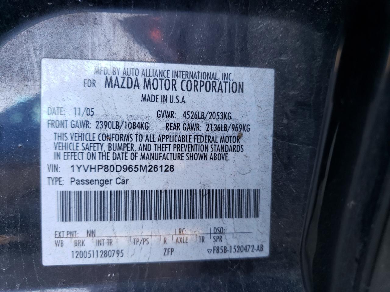 Foto 10 de la subasta – 2006 MAZDA MAZDA6 con VIN 1YVHP80D965M26128