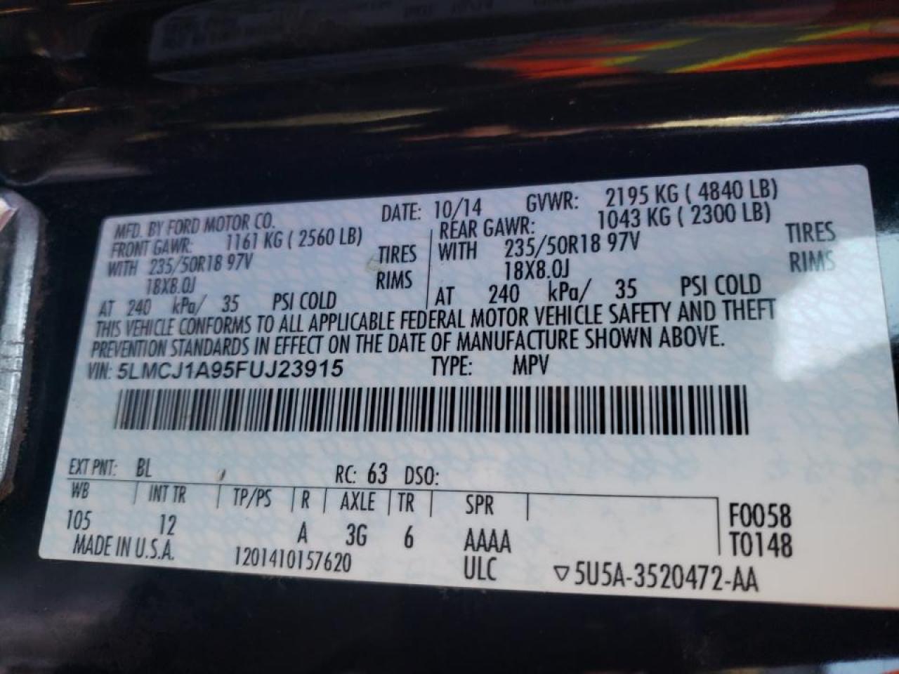 Photo 10 from auction – 2015 LINCOLN MKC with VIN 5LMCJ1A95FUJ23915