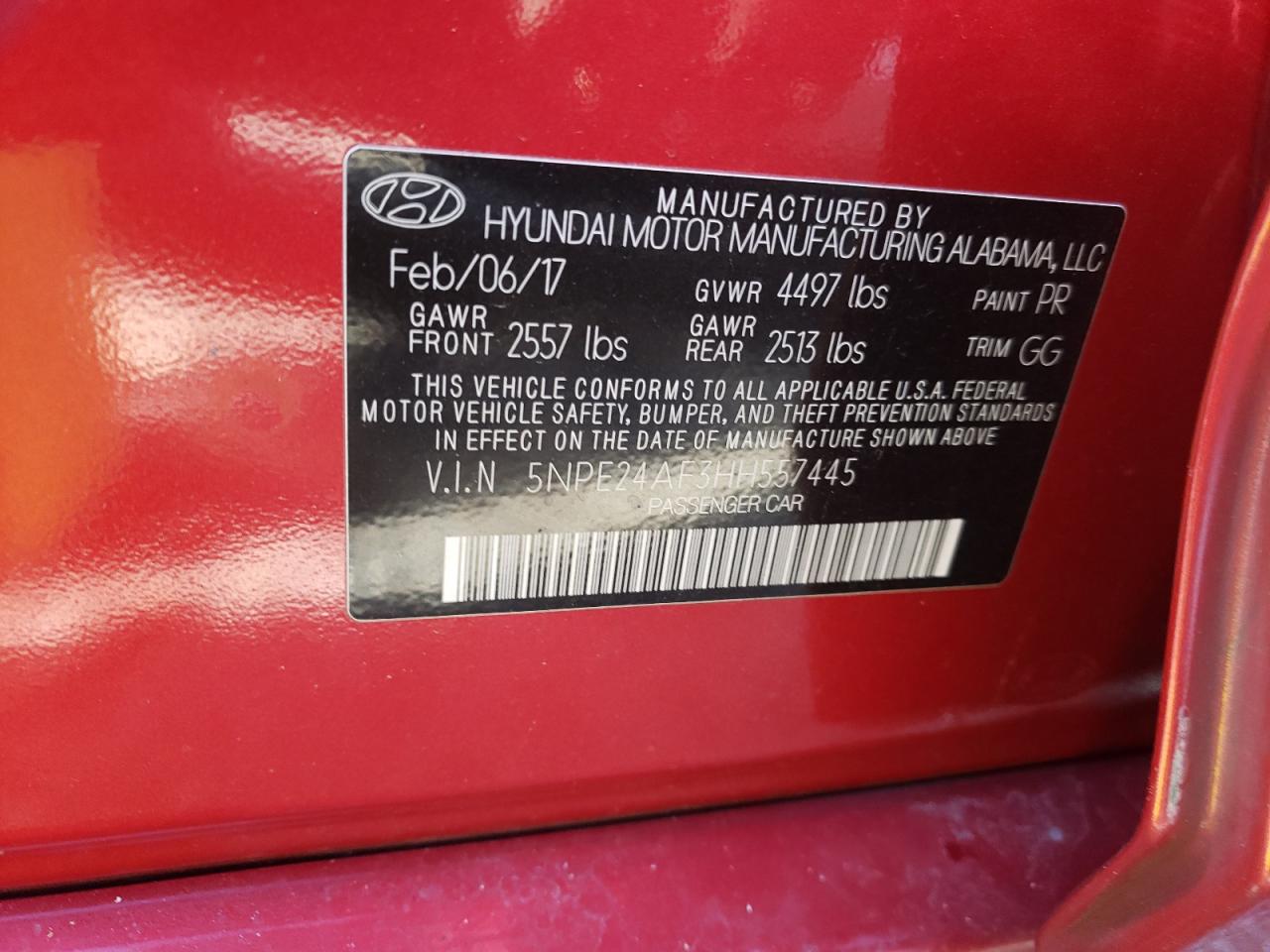 Photo 10 from auction – 2017 HYUNDAI SONATA SE with VIN 5NPE24AF3HH557445