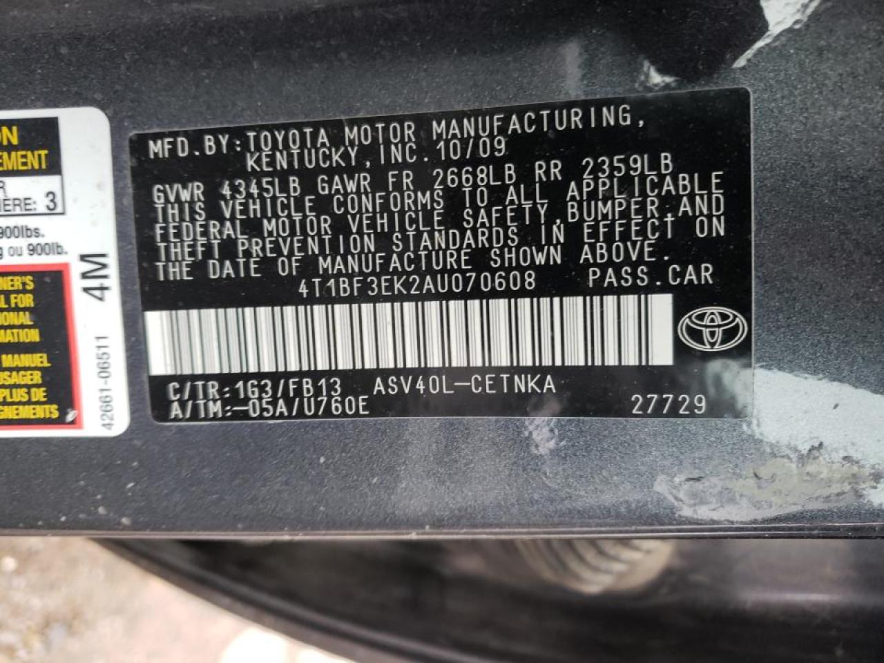 Photo 10 from auction – 2010 TOYOTA CAMRY BASE with VIN 4T1BF3EK2AU070608
